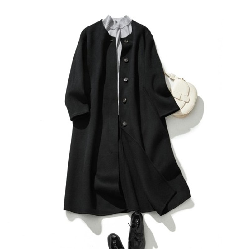 从正式到休闲皆能轻松搭配，无领羊毛大衣 黑色 231105-2 - 女装休闲/机能外套 - 羊毛 