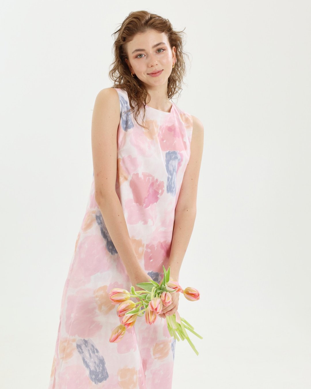 BIRUCHU PASTEL WATERCOLOR DRESS - 无袖洋装 棉质内衬 长洋装 - 洋装/连衣裙 - 棉 粉红色