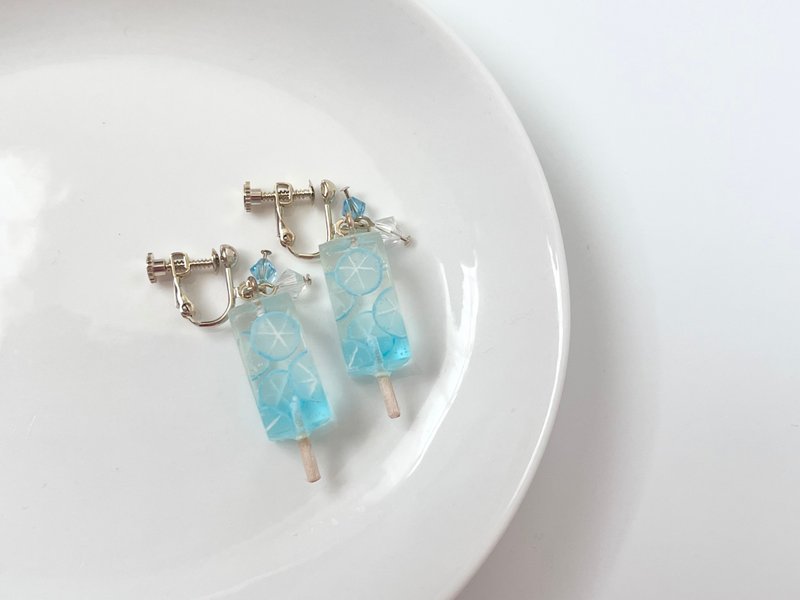 Ramune 柑橘渐层冰棒耳夹 - 耳环/耳夹 - 压克力 蓝色