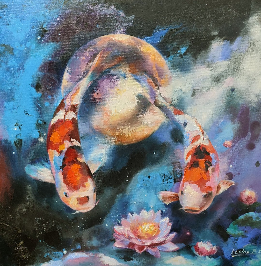 Koi Fish Oil Painting Carp Koi Original Art Feng Shui Painting Lotus Pond Art - 墙贴/壁贴 - 其他材质 蓝色