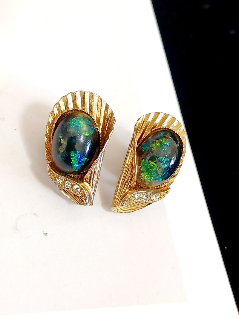 vintage jewelry  古董金色卷边七彩 夹式耳环 - 耳环/耳夹 - 其他金属 