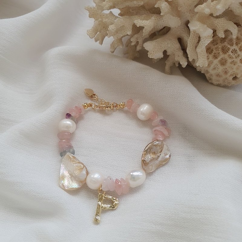 Madagascar Rose Quartz | Personalized Bracelet With 14K Gold Letter - 手链/手环 - 宝石 多色