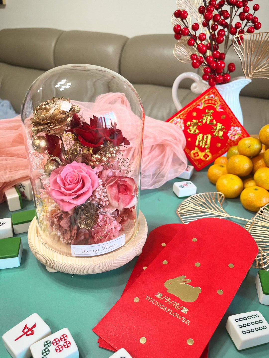 新年 开幕 永生花 花开富贵玻璃罩摆饰 - 干燥花/捧花 - 玻璃 红色