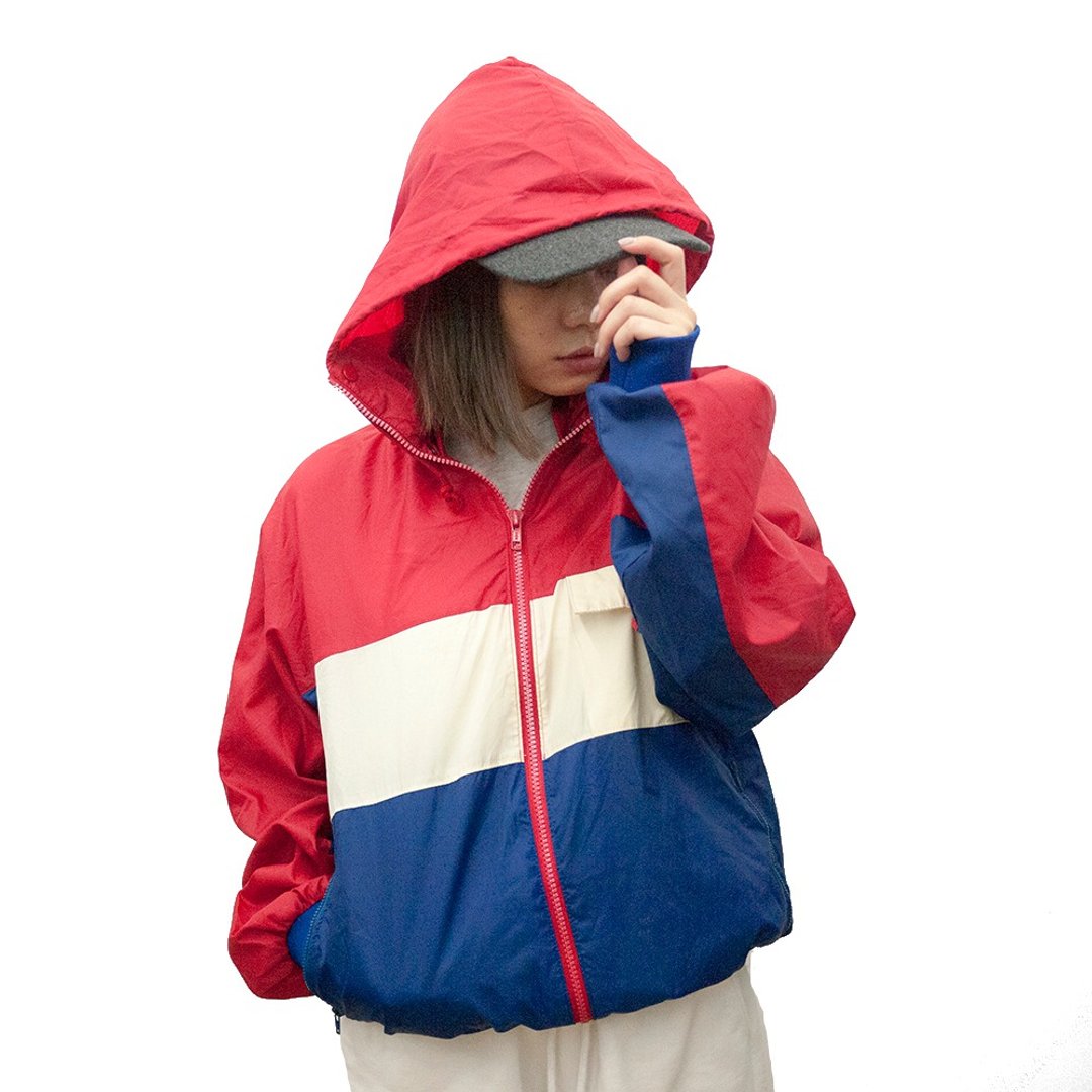 CHAMPION 红 白 蓝 连帽 运动外套 古着 二手 聚酯纤维 电绣 - 女装上衣 - 聚酯纤维 红色