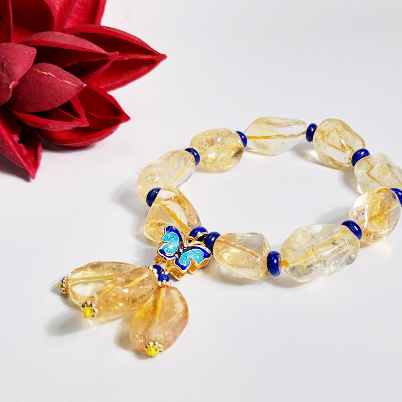 天然黄水晶 青金石 珐琅 蝴蝶 福气 招财 开运 手链 单品 礼物 - 手链/手环 - 宝石 黄色