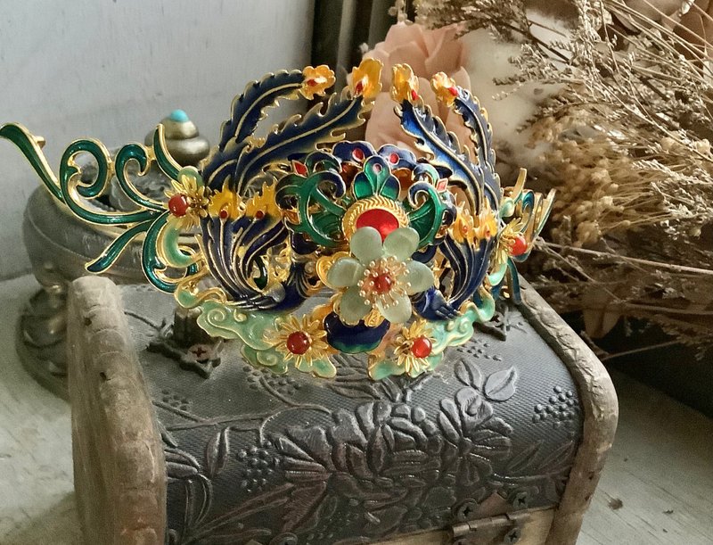 喵手作~双凤发冠/金 - 发饰 - 其他材质 蓝色