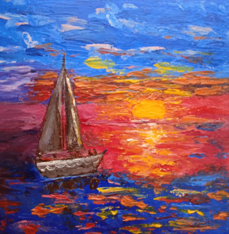 日落时的海上帆船景观原画Impasto艺术 - 墙贴/壁贴 - 其他材质 多色