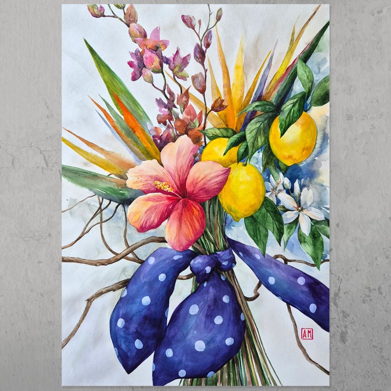 热带花卉与柠檬的水彩花束 - 墙贴/壁贴 - 纸 多色