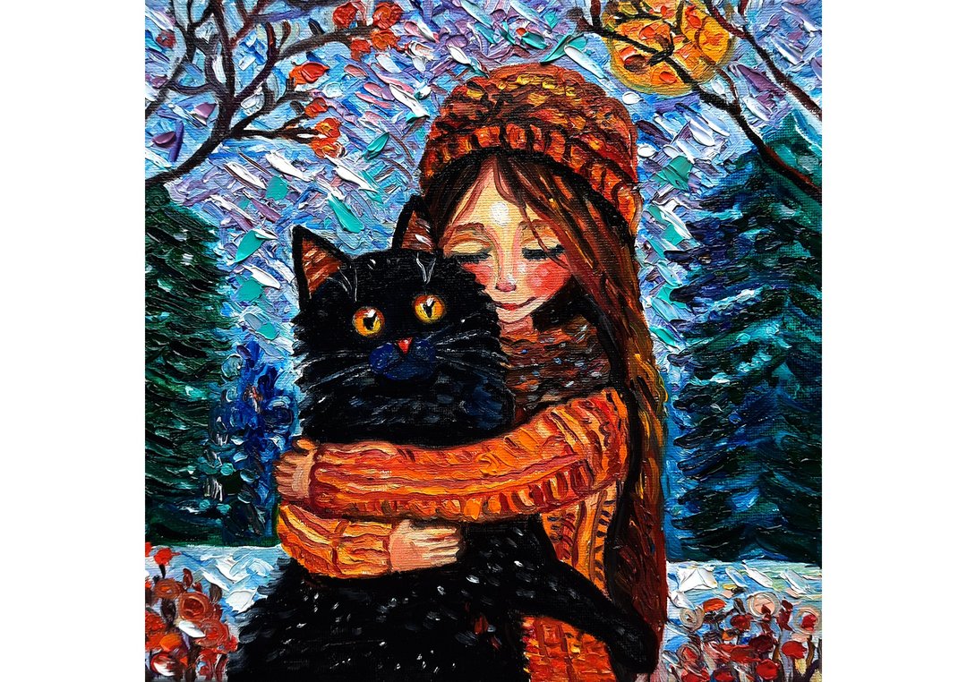 原创画黑猫与女孩艺术原创绘画油画布面油画 - 墙贴/壁贴 - 其他材质 黑色
