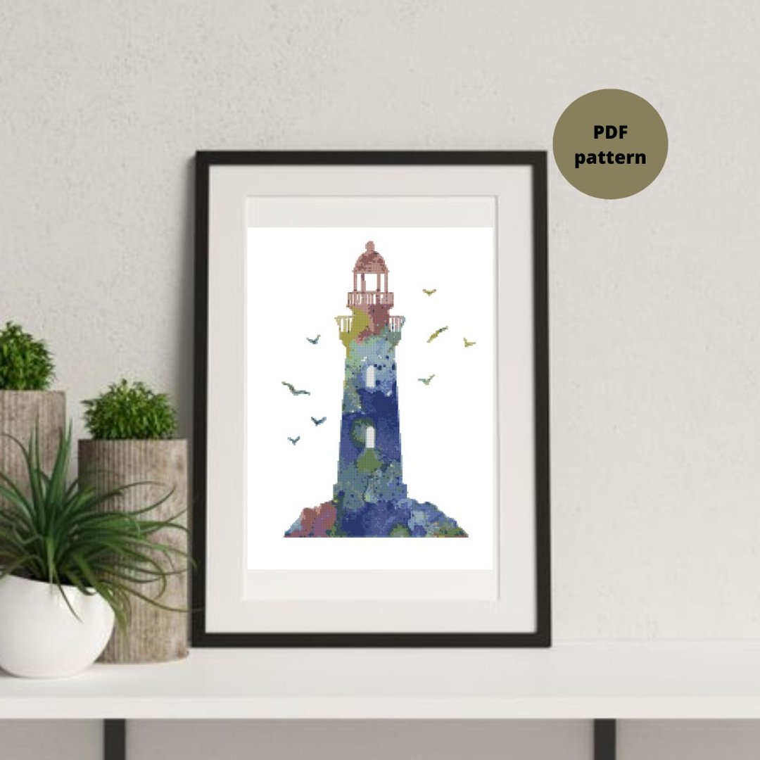 Watercolor Lighthouse Modern Cross Stitch Pattern Instant Download PDF - 手工艺教程/工具书 - 其他材质 