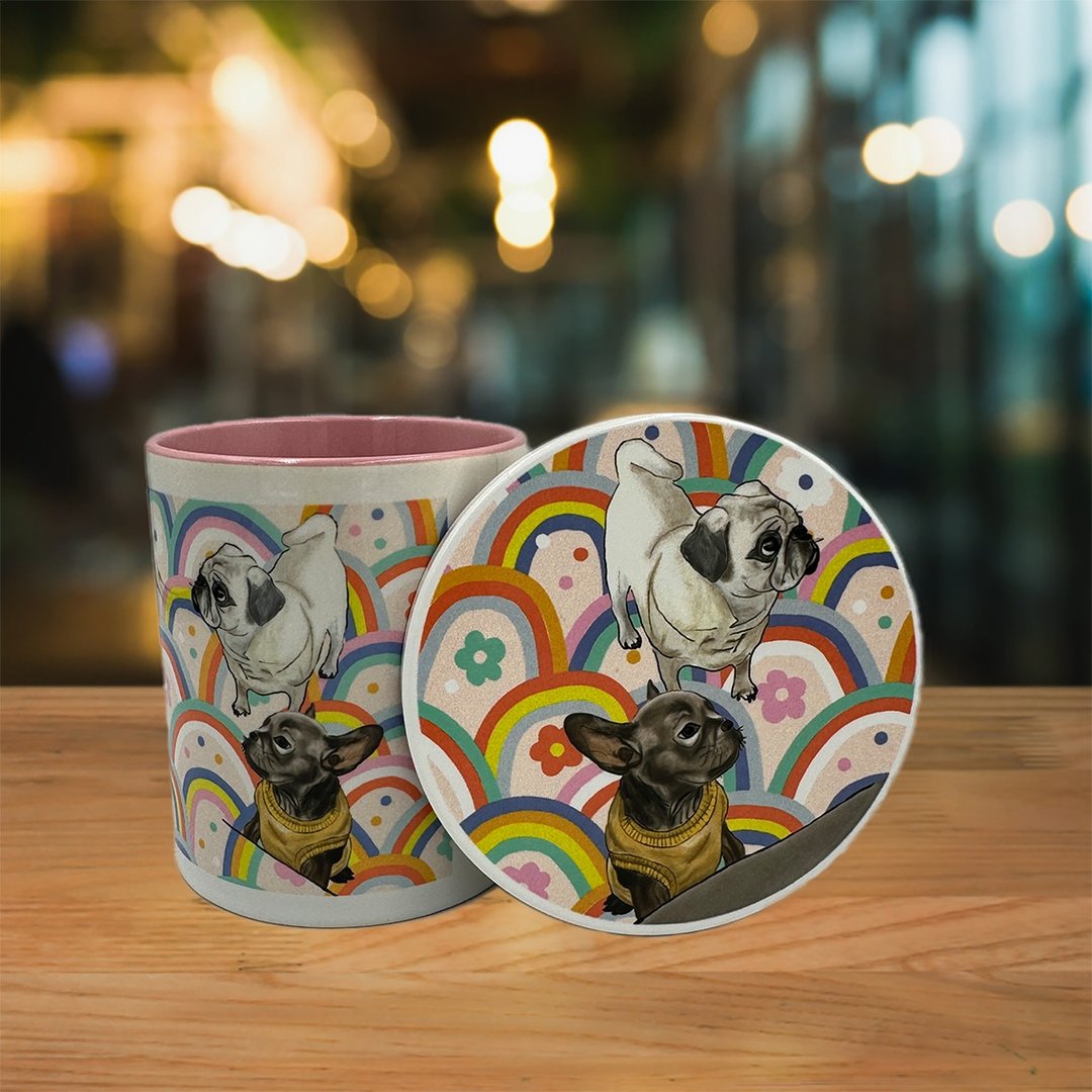 法斗与巴哥 陶瓷马克杯 + 杯垫 | 礼品套装 - 咖啡杯/马克杯 - 陶 
