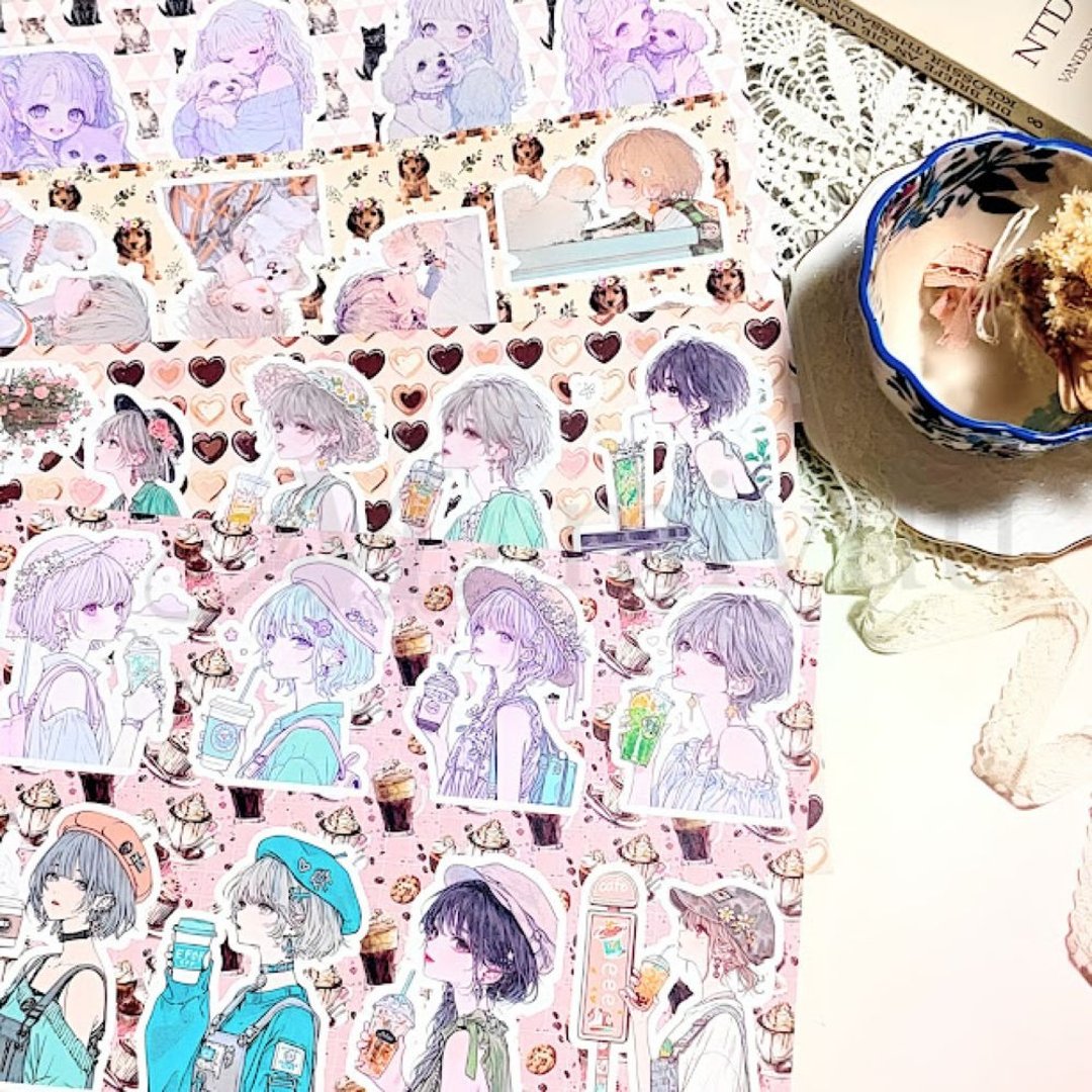 拼贴画、素材纸、A4 图案纸、人物、女孩、Tomomi 合作、猫、狗、咖啡馆、图案纸套装、A4、拼贴素材、纸质物品 - 木工/竹艺/纸艺 - 纸 蓝色