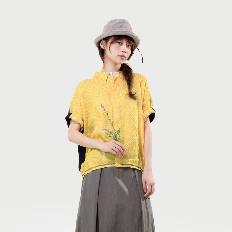 生花前后异材质拼接衬衫 - 女装衬衫 - 亚麻 黄色