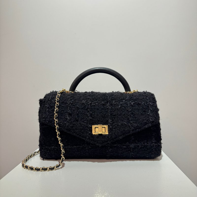 Celestial Veil—Eclipse Noir 月蚀夜黑/高质感毛呢链带手提包 - 侧背包/斜挎包 - 其他人造纤维 黑色