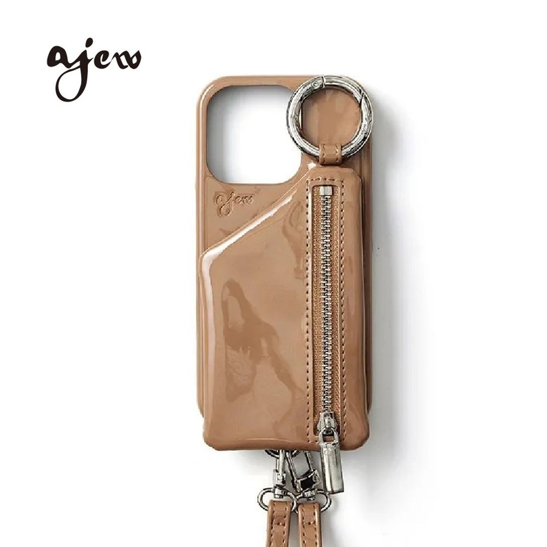 ajew patent 漆皮亮面拉链口袋手机壳 / light brown(含背带) - 手机壳/手机套 - 人造皮革 咖啡色