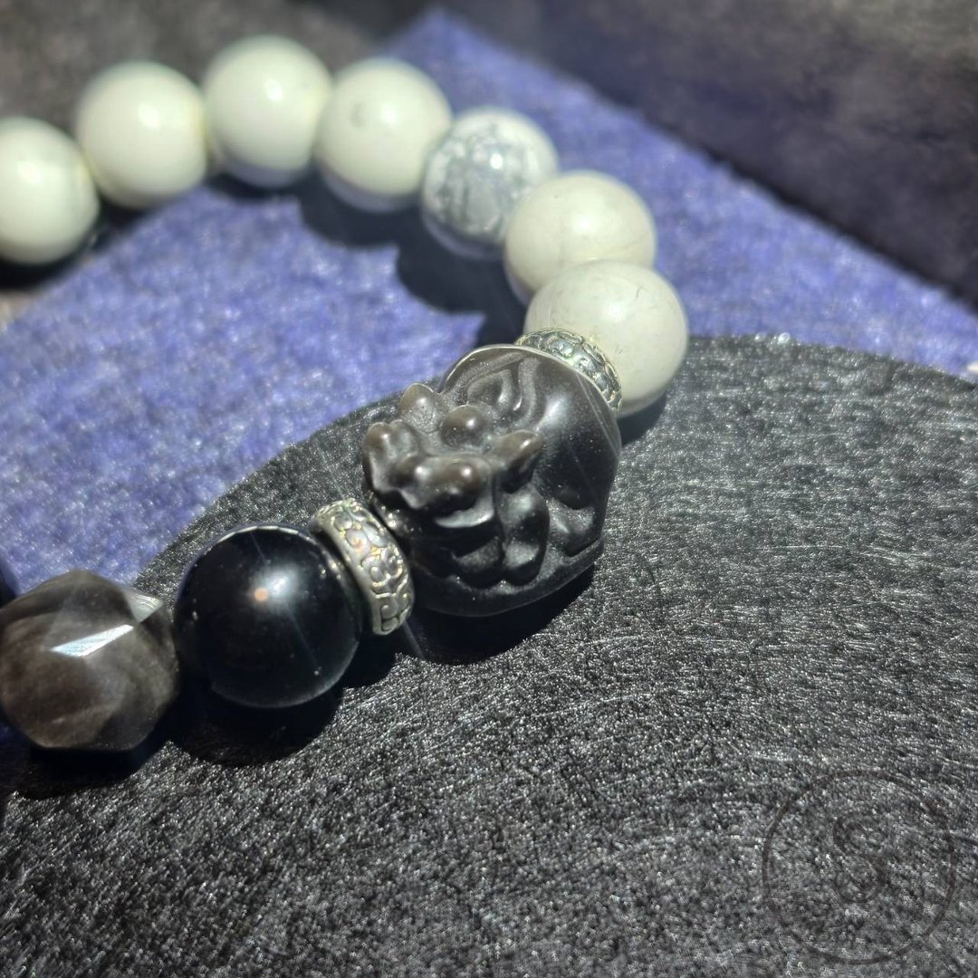 【Dream Crystal Art】瑞兽衔光 - 银曜貔貅白松石黑曜石手串 - 手链/手环 - 半宝石 银色
