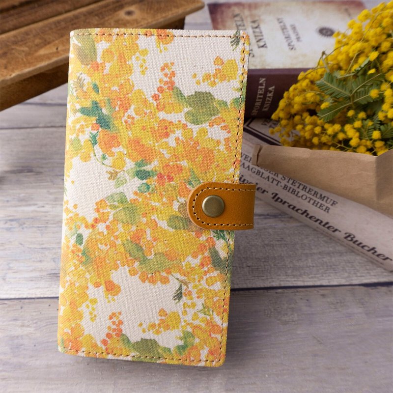 水彩风含羞草意大利皮革手账型手机壳 仓敷帆布设计 AG01K - 手机壳/手机套 - 真皮 黄色