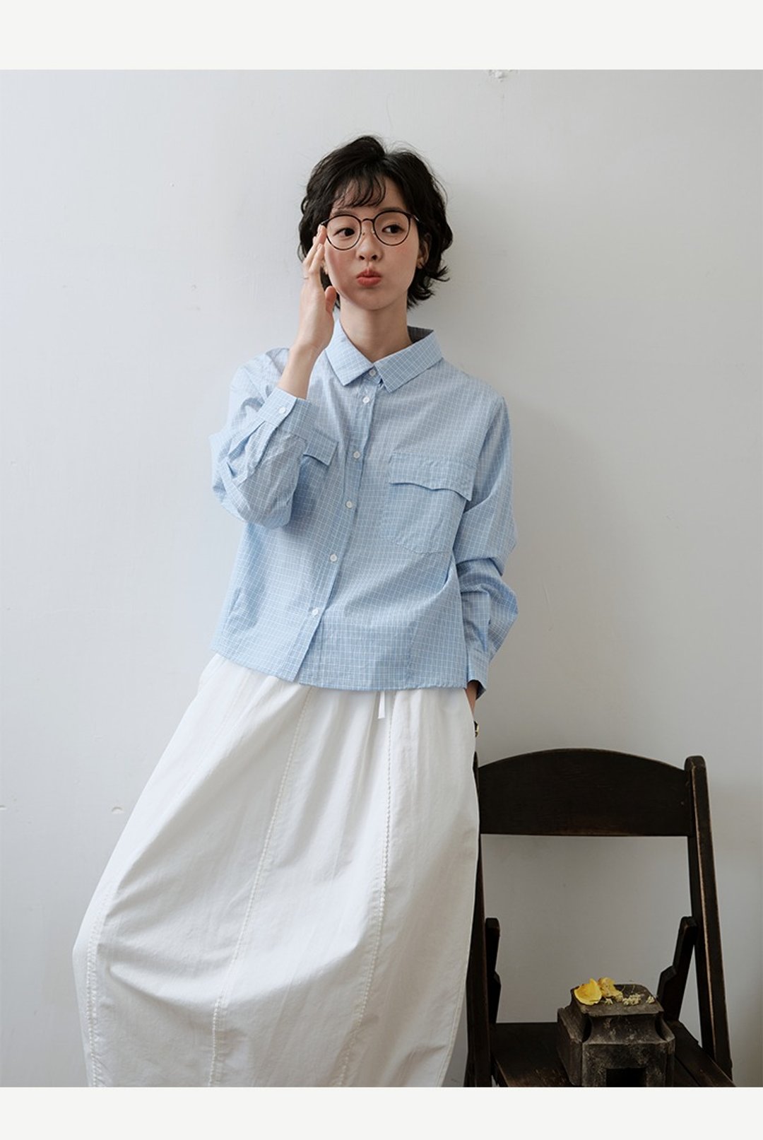 纯棉蓝色格子复古衬衫 - 女装衬衫 - 棉 多色