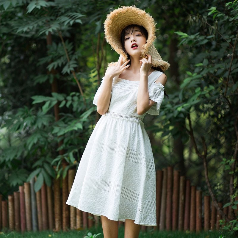 安妮陈2018夏装新款文艺女装T型领露肩连身裙洋装 - 洋装/连衣裙 - 棉．麻 白色