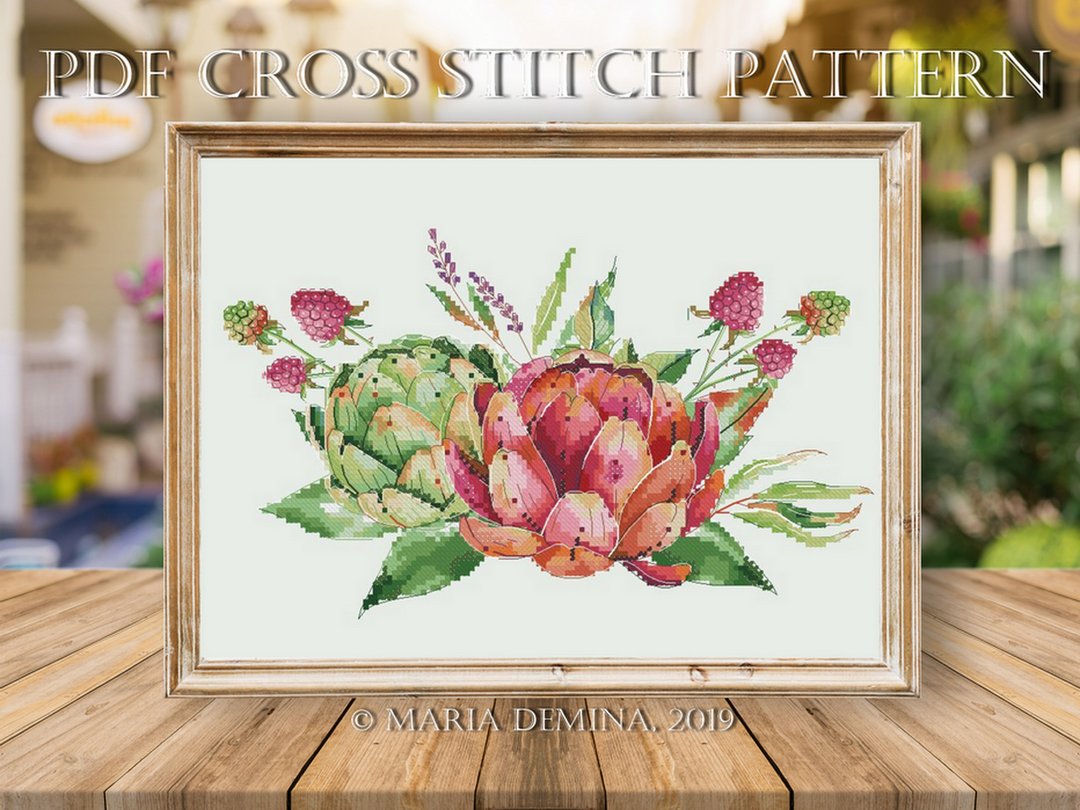 Raspberry & Artichoke Bouquet II - watercolor PDF cross stitch pattern - 手工艺教程/工具书 - 其他材质 