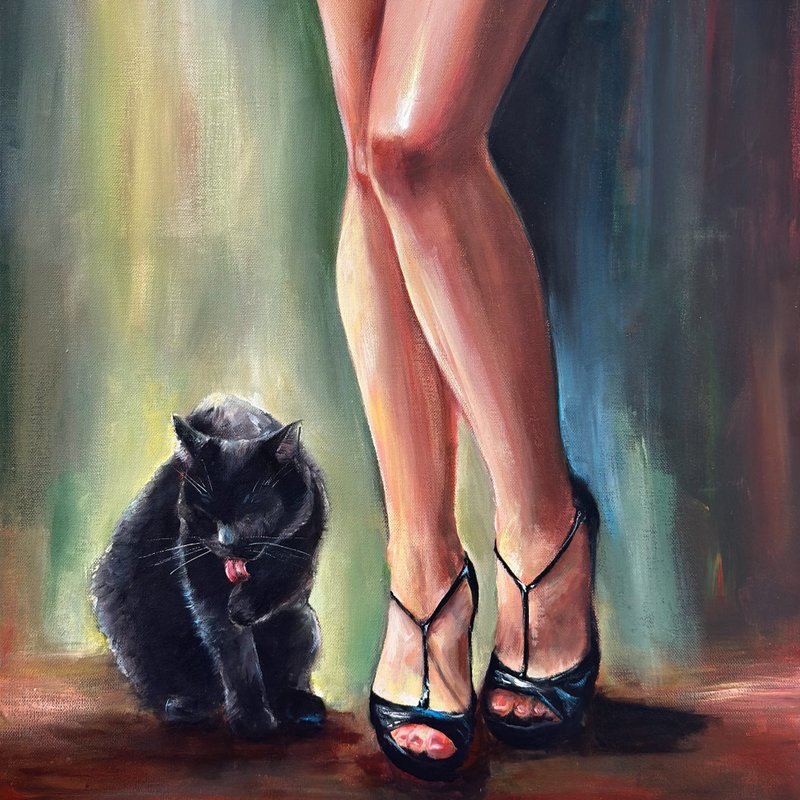 女子与黑猫原画，女性腿部，感性裸体艺术，情欲艺术 - 墙贴/壁贴 - 棉．麻 多色
