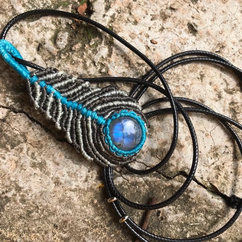 【Lost and find】天然石 拉长石 蓝光 蜡绳 羽毛 颈项 - 项链 - 宝石 蓝色