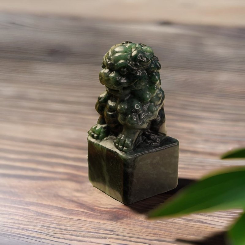 开运印章老花青翡翠祥狮印章 | 天然缅甸玉A货翡翠 | 送礼 - 印章/印台 - 玉石 绿色
