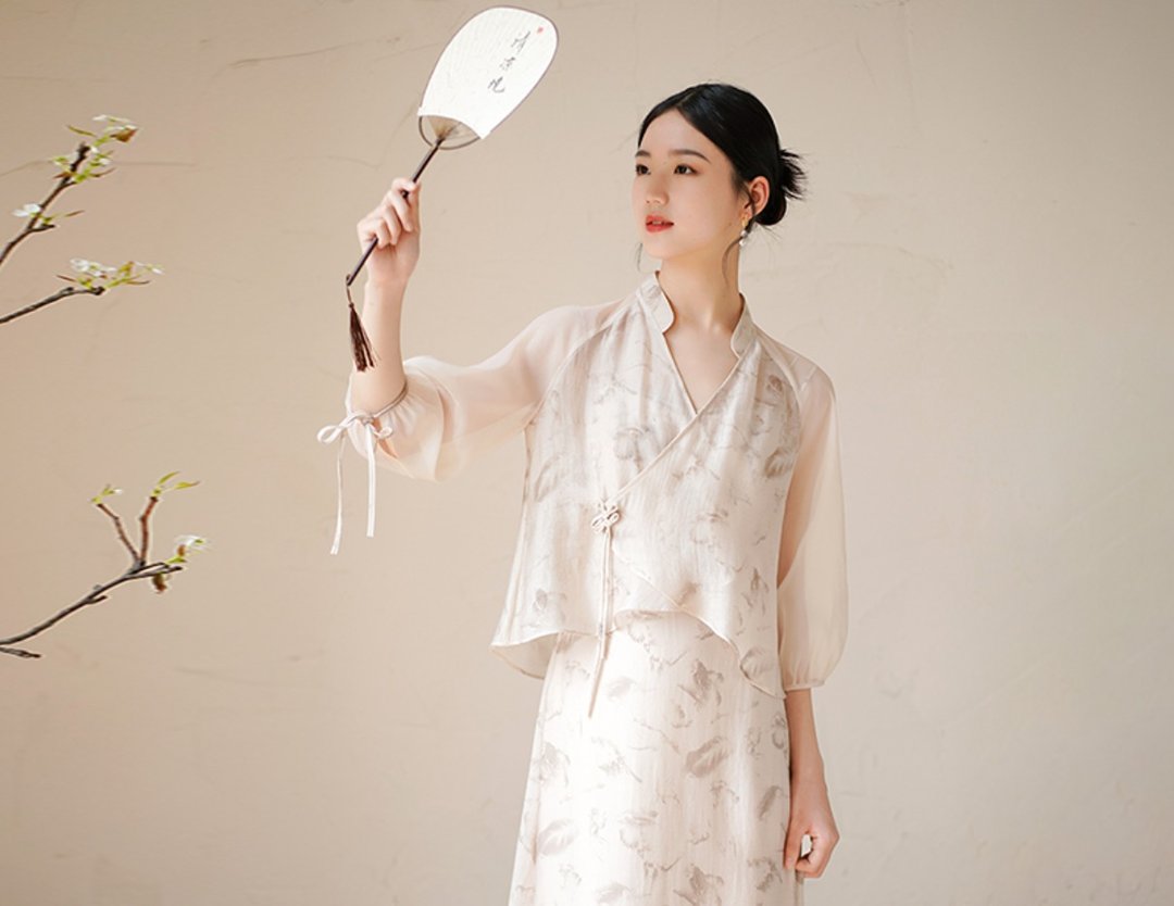 新中式 中国风改良汉服仙气薄纱 吊带/外披 - 女装上衣 - 丝．绢 白色