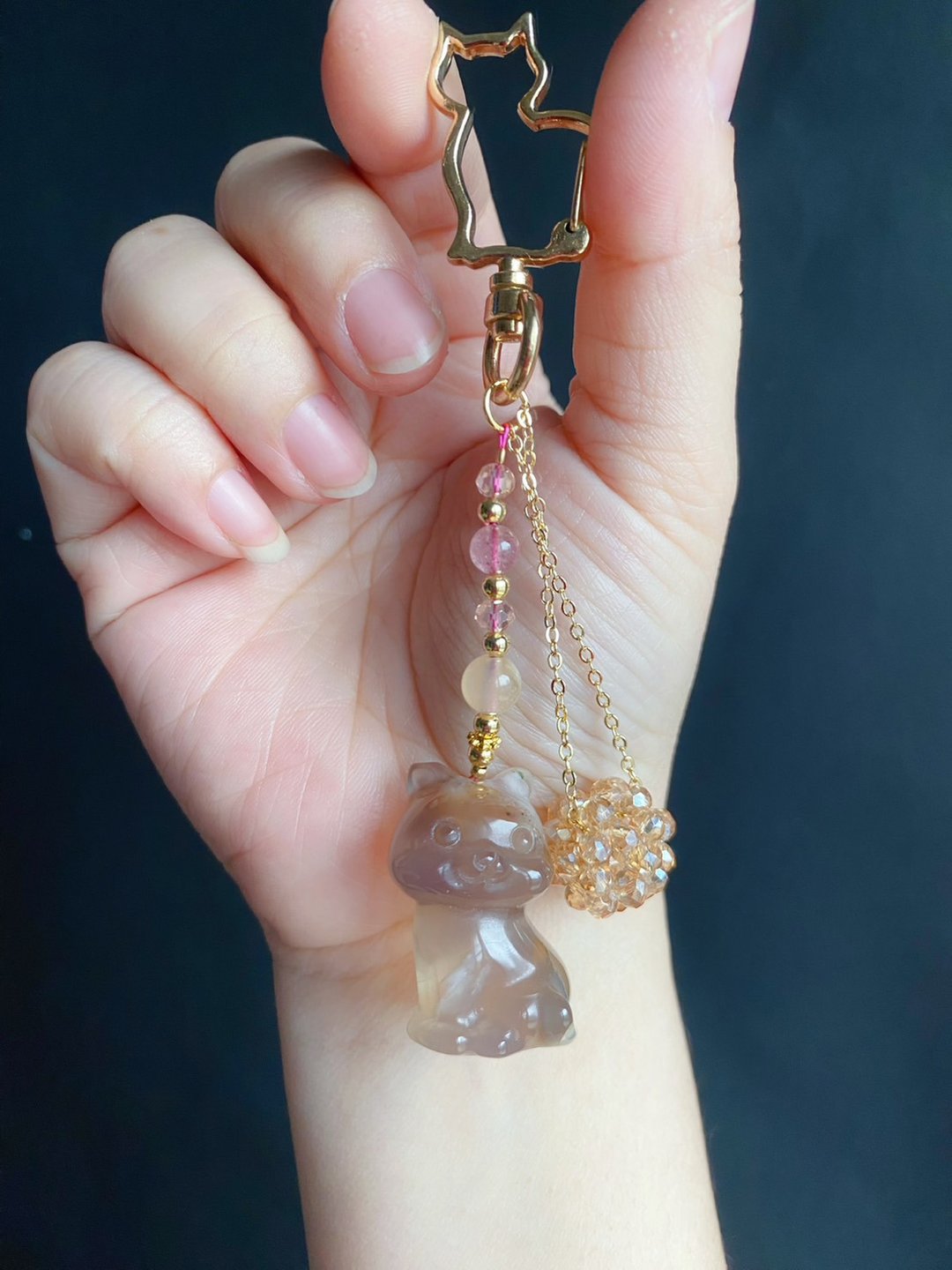 孤品 樱花玛瑙 果冻 猫 钥匙圈 包挂 天然石 礼物 水晶 - 吊饰 - 水晶 咖啡色
