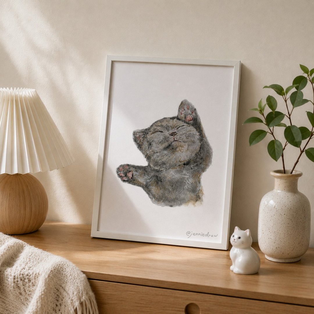 【A4 原画作】晚安猫 | 美术纸 | 基本白色像框 | 可定制 - 海报/装饰画/版画 - 纸 