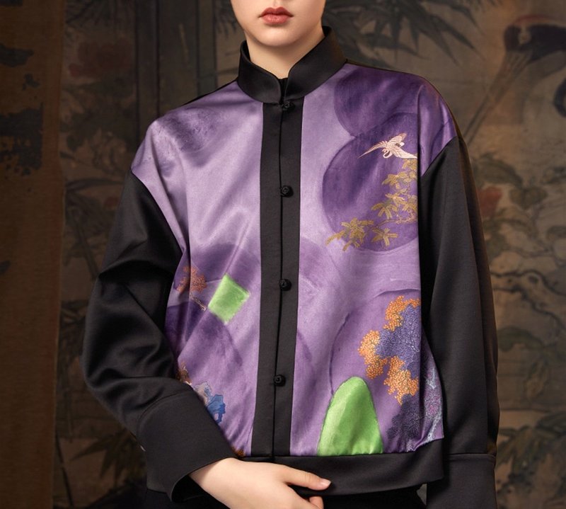 【寰中】新中式复古 印花夹克/盘扣棒球服 - 女装上衣 - 其他材质 紫色