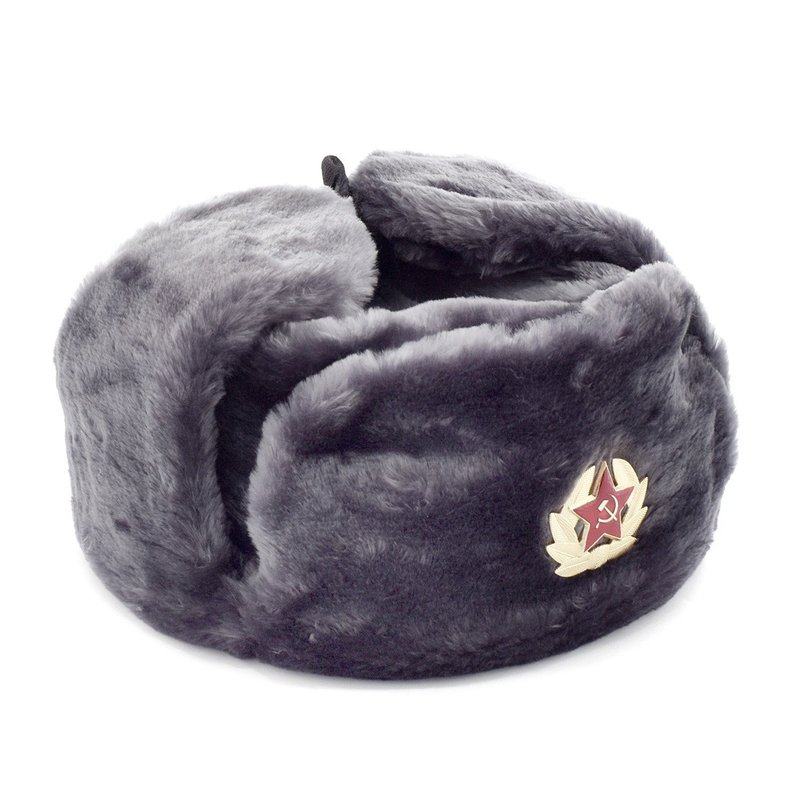 USHANKA 俄罗斯军事苏联军队冬季士兵帽子人造毛皮苏联红星徽章 - 帽子 - 其他材质 灰色