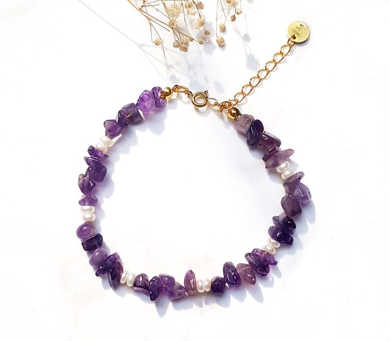 <永恒-天然珍珠x紫水晶>手敲字母黄铜手链轻珠宝 母亲节  七夕 - 手链/手环 - 水晶 紫色