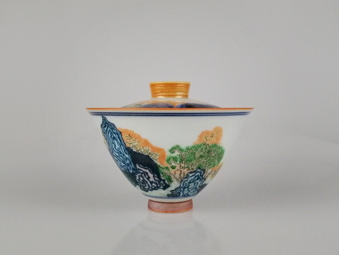 柴烧 手工 手绘 景德镇 等于堂 青花斗彩 山景盖碗 - 茶具/茶杯 - 瓷 蓝色