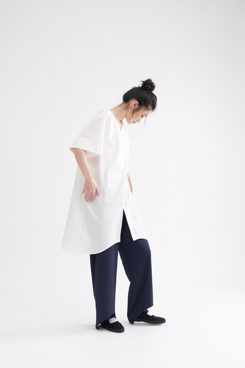 8 lie down . 下摆开叉弧形长版上衣 - 中性连帽卫衣/T 恤 - 棉．麻 白色