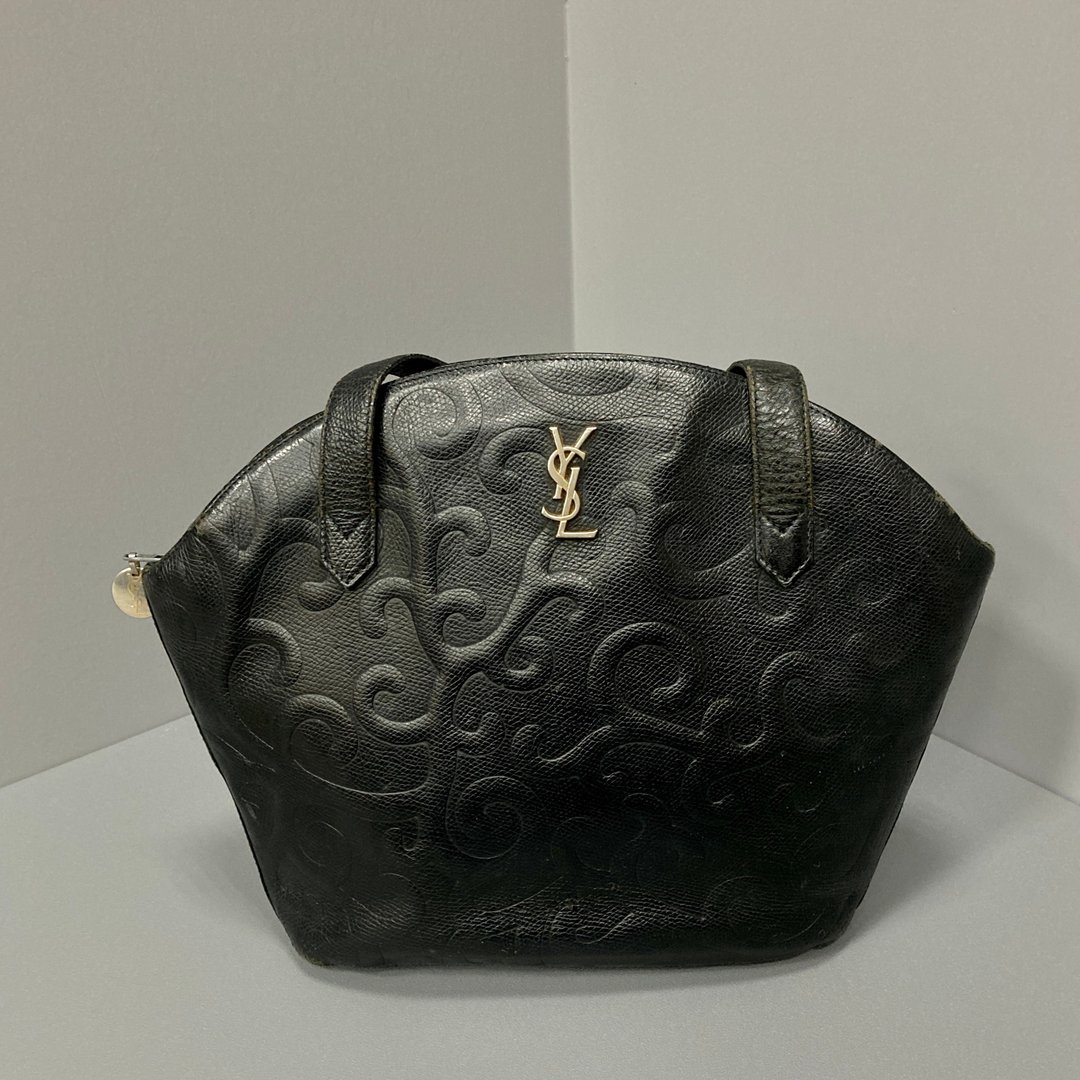 YSL 圣罗兰 贝壳 古董包 黑色 真皮 花形绝版压纹 手提肩背 - 手提包/手提袋 - 真皮 黑色