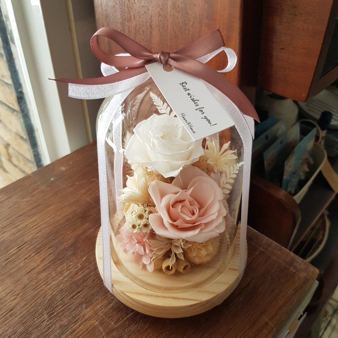 永生花+干燥花|粉白玫瑰不凋花玻璃花盅│永生花 情人节 - 干燥花/捧花 - 植物．花 粉红色