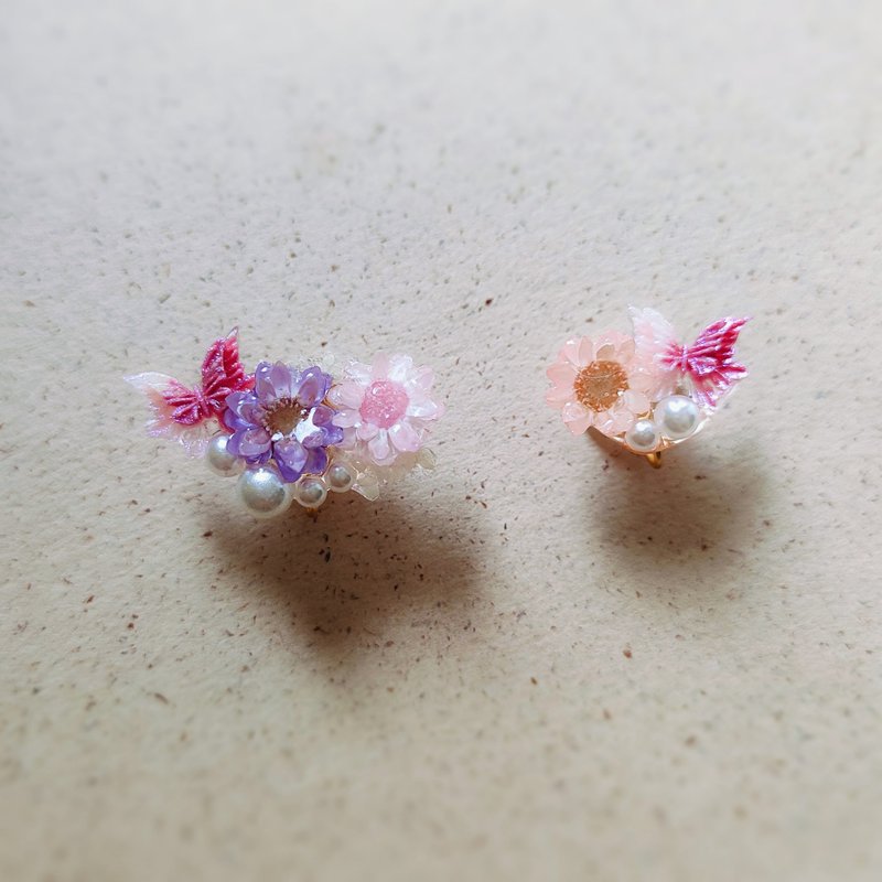 拼色小星花/蝴蝶花园/不对称耳环/925纯银耳环/蚊香耳夹 - 耳环/耳夹 - 其他金属 粉红色