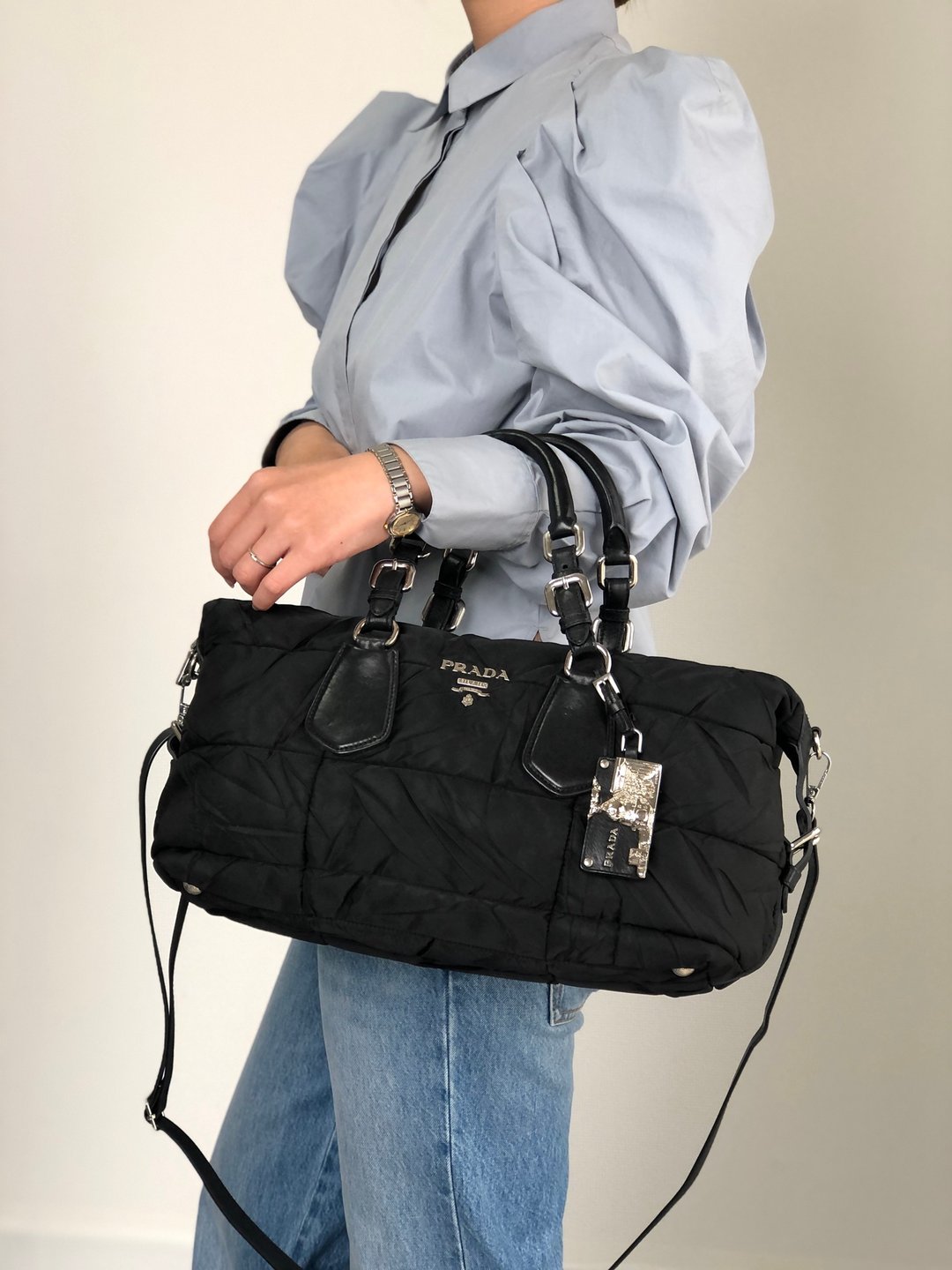 【VintageShop solo 日本直送中古包专卖店】PRADA 普拉达 手提包 黑色 标志 吊饰 尼龙 皮革 2way 波士顿包 vintage yxdwny - 手提包/手提袋 - 尼龙 黑色