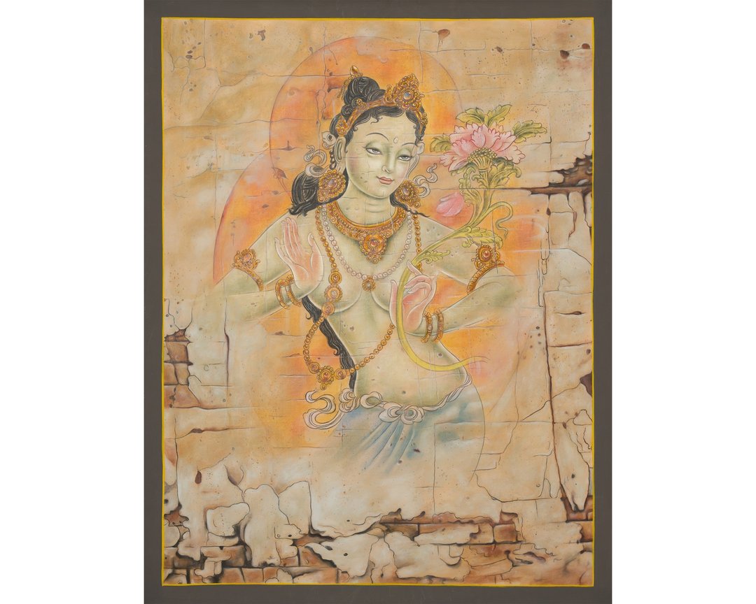 正宗白度母藏式唐卡 | 手绘喜马拉雅艺术画布 | 稀有 - 墙贴/壁贴 - 其他材质 多色