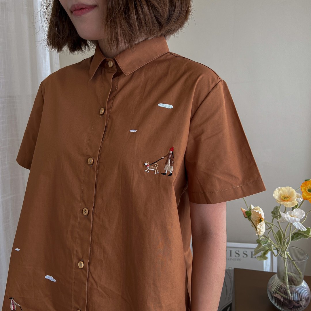 Shirt Dress : 连衣裙  Dog Walking狗 -Brown Cinnamon棕色的 - 洋装/连衣裙 - 棉 咖啡色