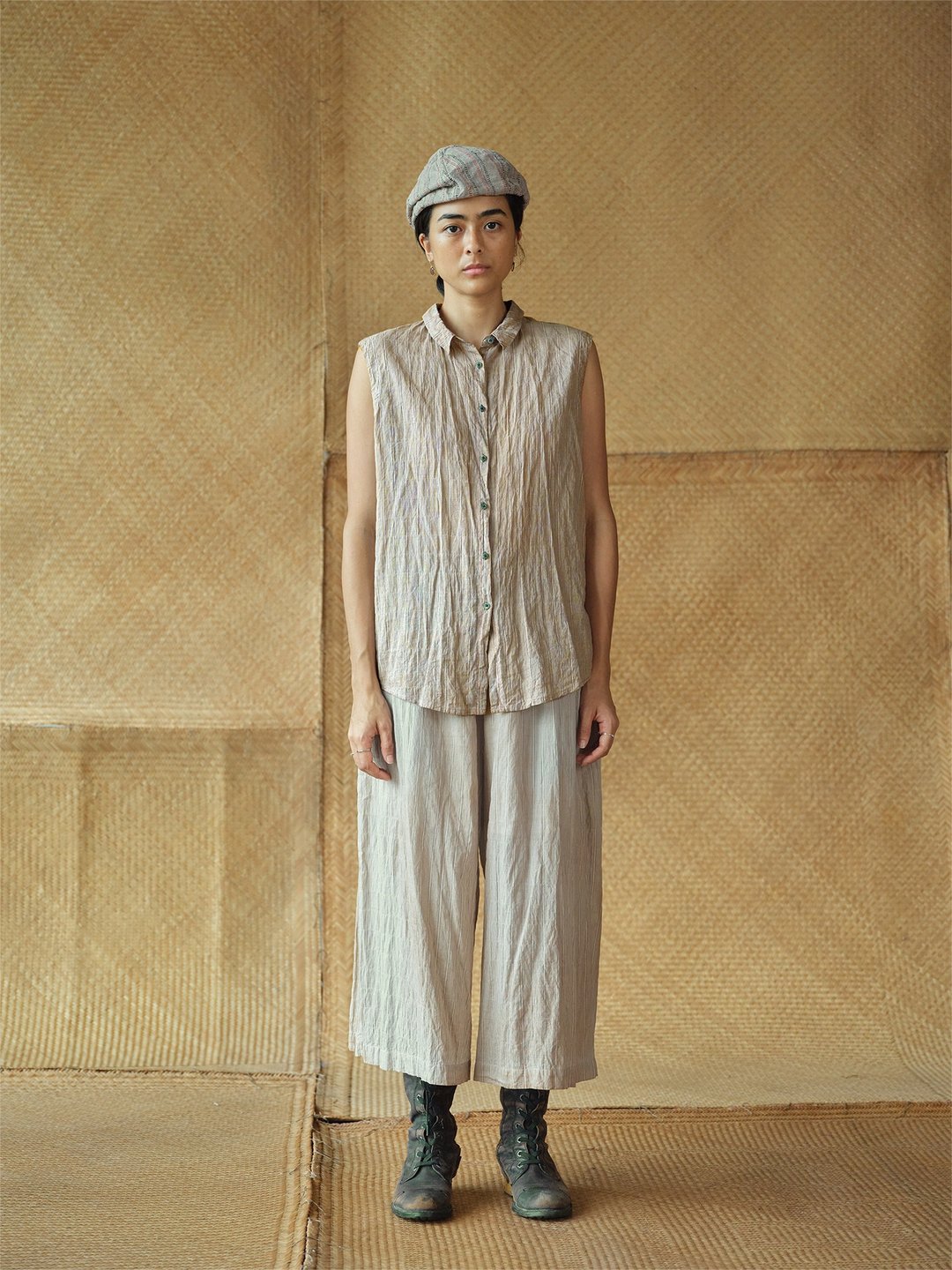 復古文青 / 春夏條紋無袖襯衫 / 原創休閒上衣 - 女装背心 - 其他材质 多色