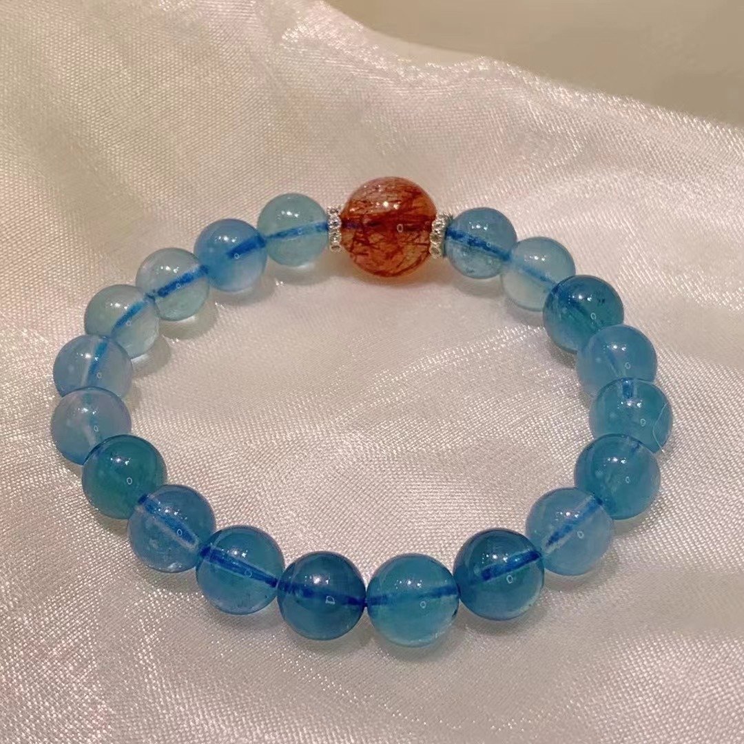 10mm天然原矿海蓝宝 黑金超七水晶单圈设计手串 - 手链/手环 - 水晶 蓝色
