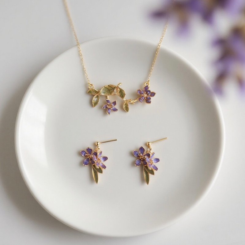 紫萝枝语 | 18k注金轻奢珐琅质感小花耳环项链 - 耳环/耳夹 - 贵金属 紫色