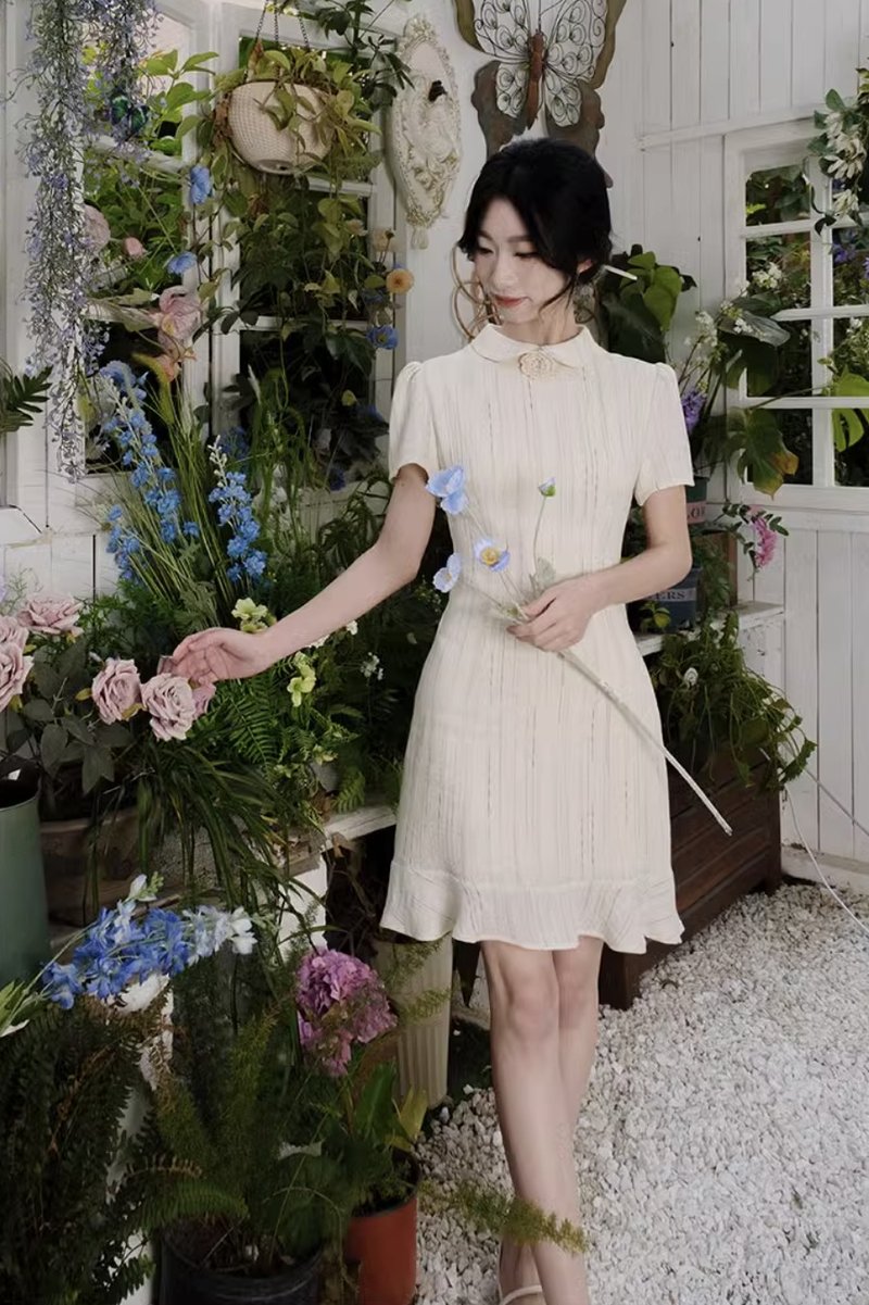 雨丝2.0 水墨竖条纹旗袍短袖连身裙 手工製 - 洋装/连衣裙 - 其他材质 