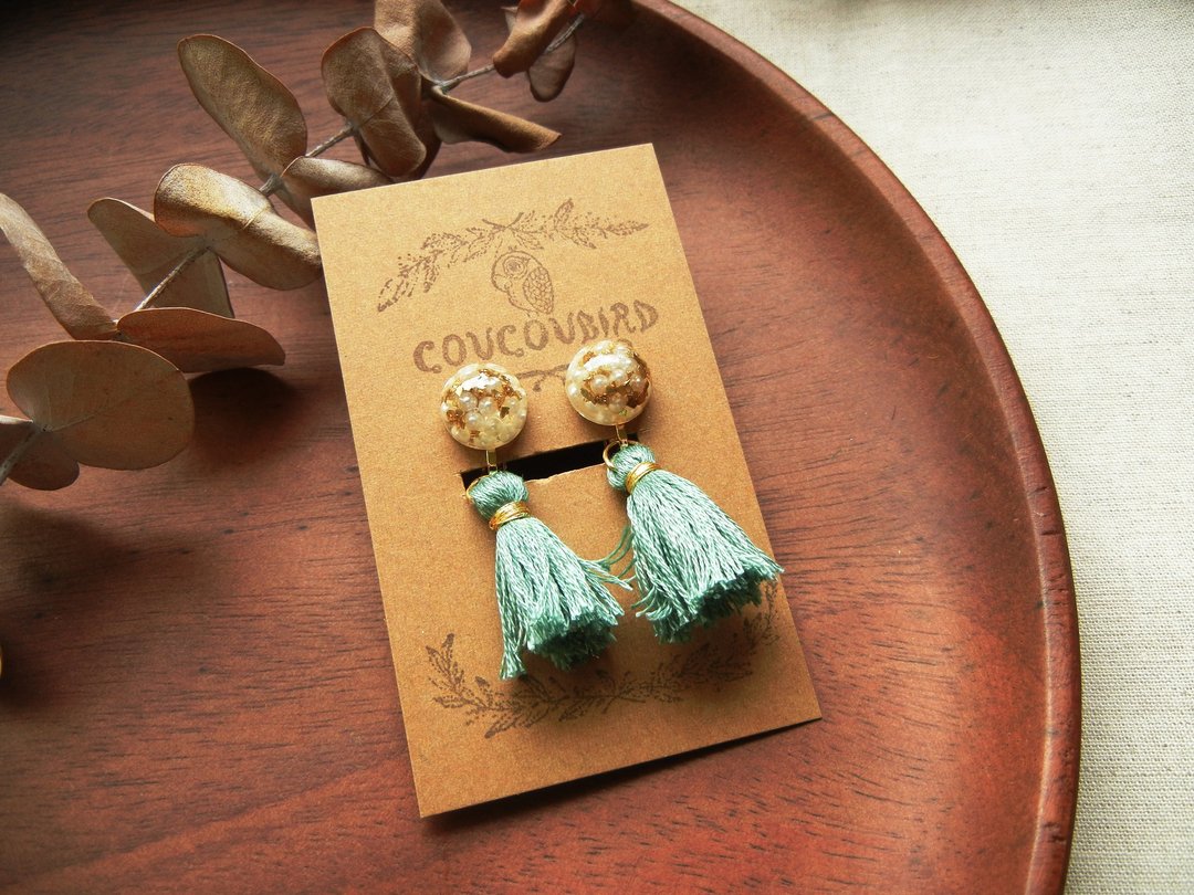 *coucoubird*华丽-小珍珠金箔流苏耳夹/薄荷绿 - 耳环/耳夹 - 宝石 绿色