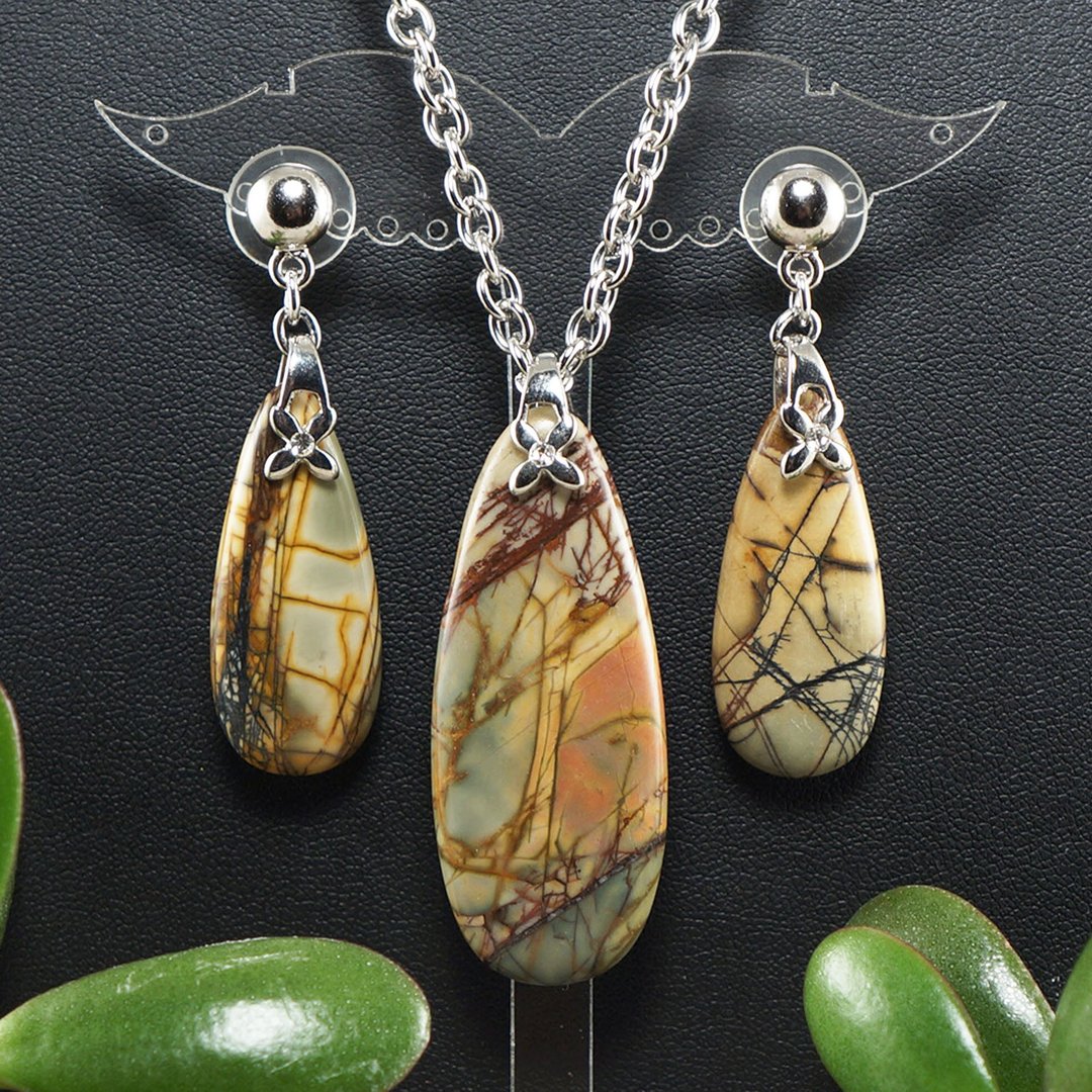Necklace and Earrings Picasso Jasper Olive Yellow Mustard Teardrop Jewelry Set - 项链 - 半宝石 卡其色