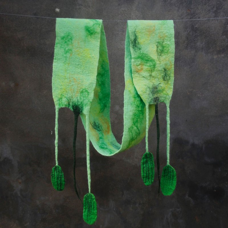 原创手工羊毛毡围巾 森系流苏围脖 文艺范保暖透气纯羊毛 可定制 - 围巾/披肩 - 羊毛 绿色