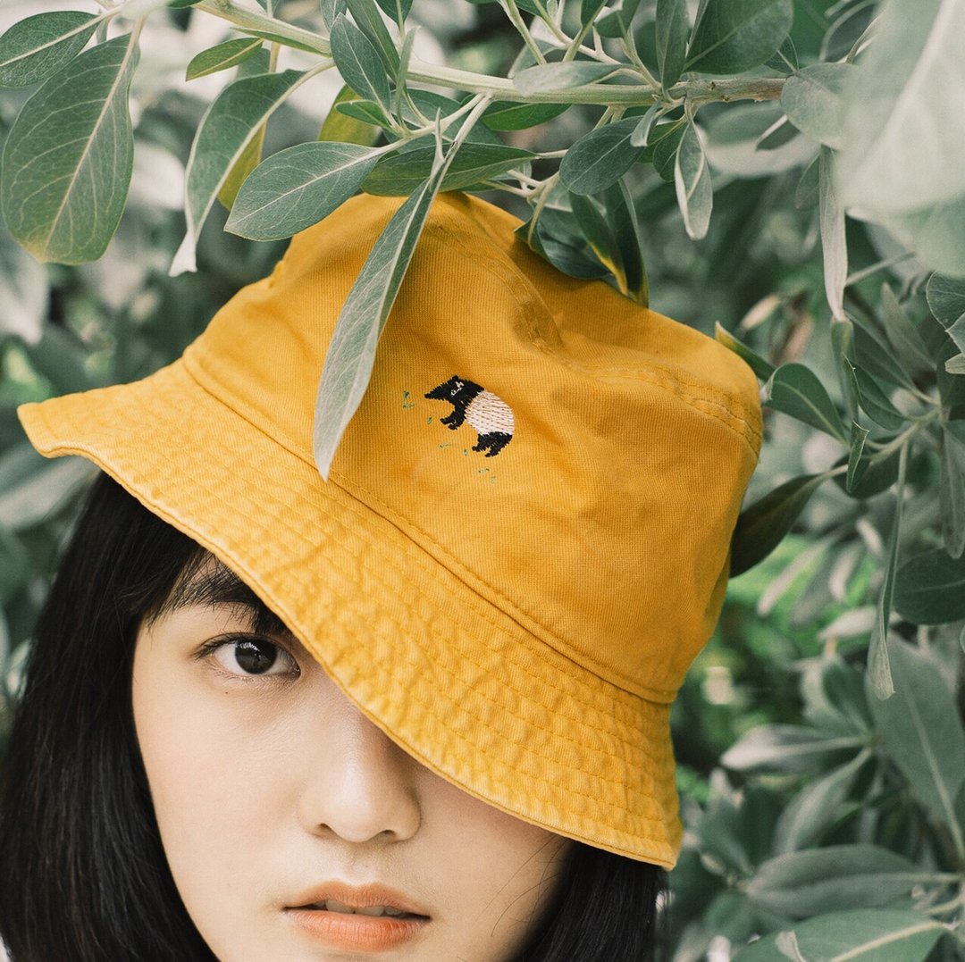 Tapir embroidery Bucket Hat / Yellow Mustard - 帽子 - 棉 黄色