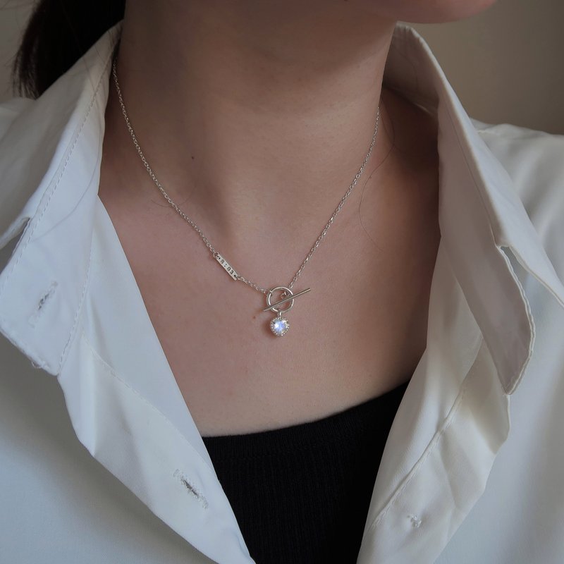 925纯银 月光石 天然石 OT扣 定制化刻字 项链 短链 长链 - 项链 - 纯银 灰色